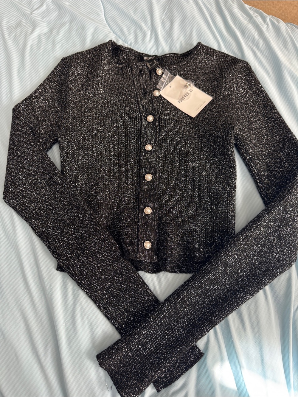 Forever 21 Black Metallic Knit Cardigan with Pearl Buttons